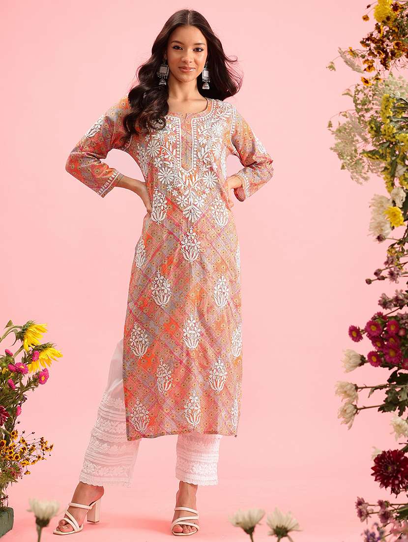 women notch neck chikankari straight kurta