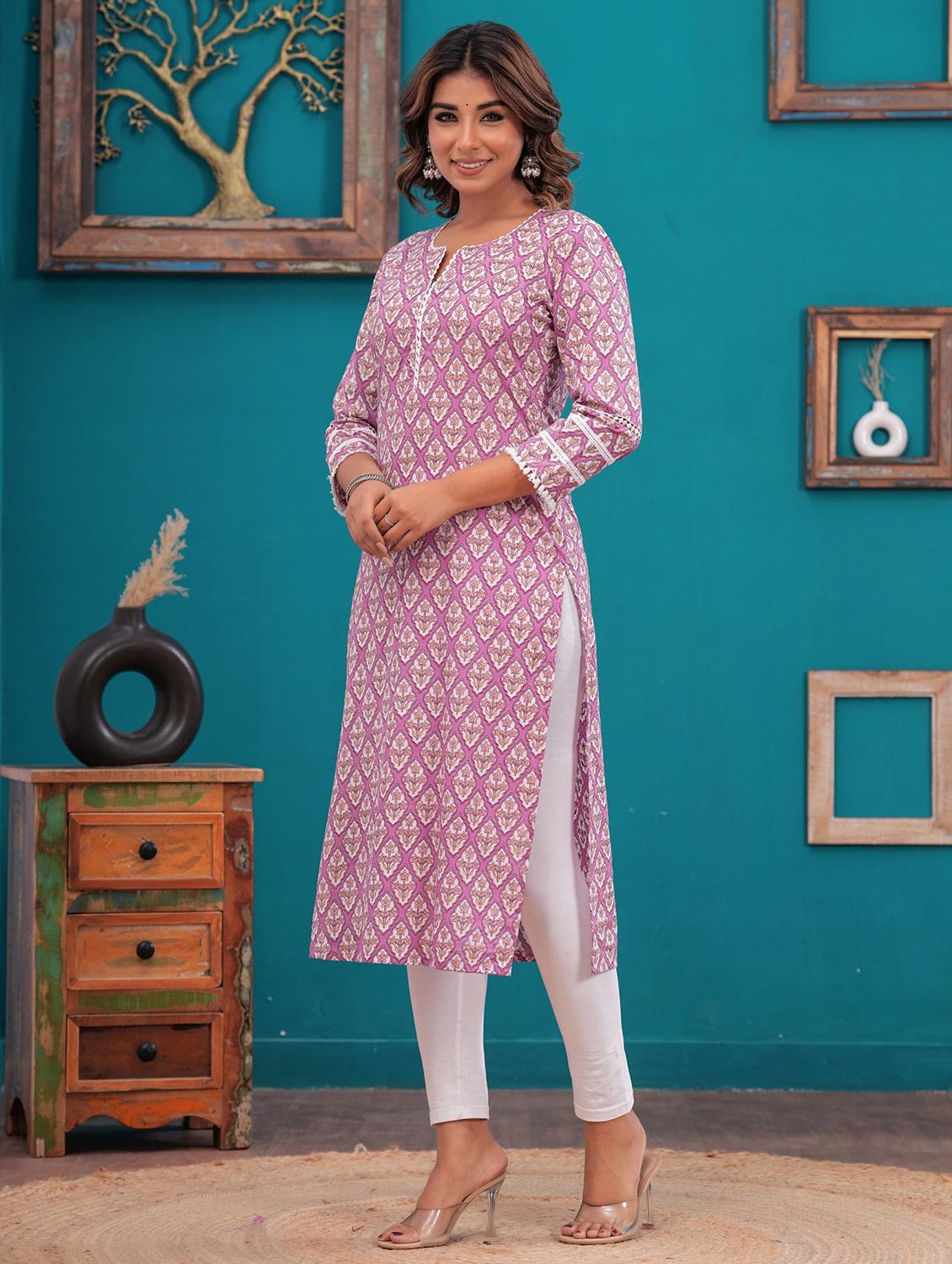 women floral three quarter sleeve straight kurta - 21709159 - Standard Image - 1