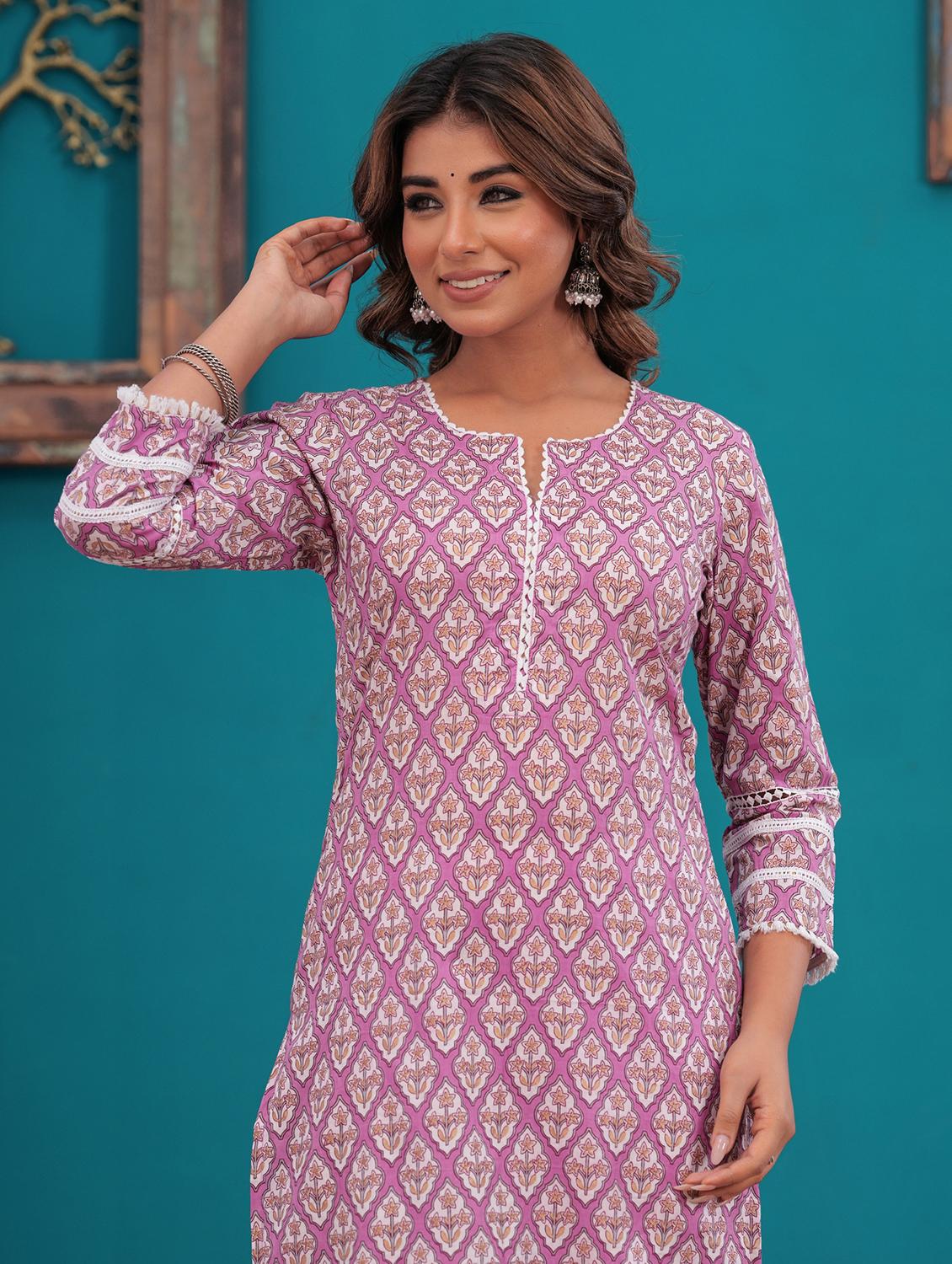 women floral three quarter sleeve straight kurta - 21709159 - Standard Image - 4