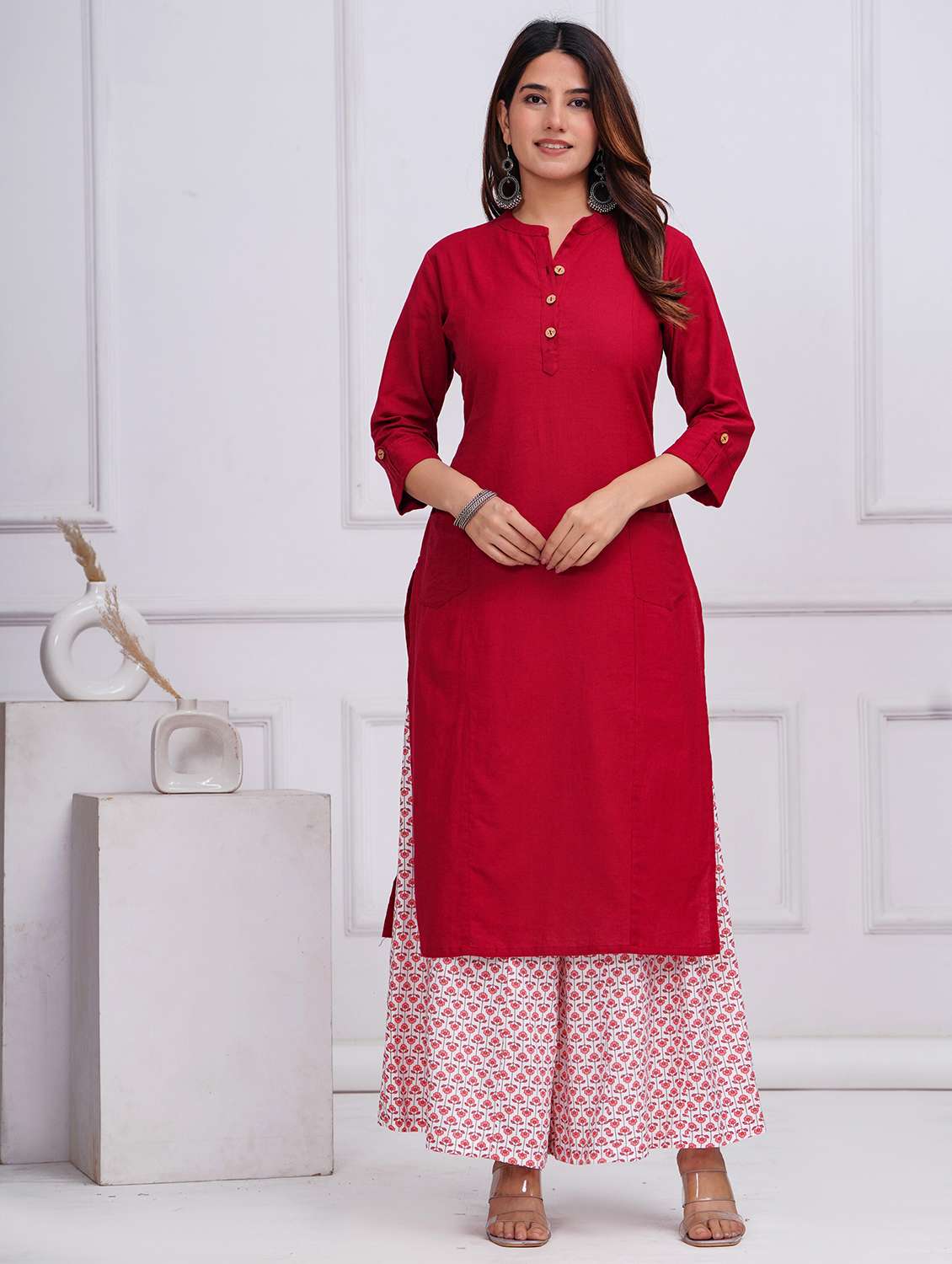 women solid three quarter sleeve straight kurta