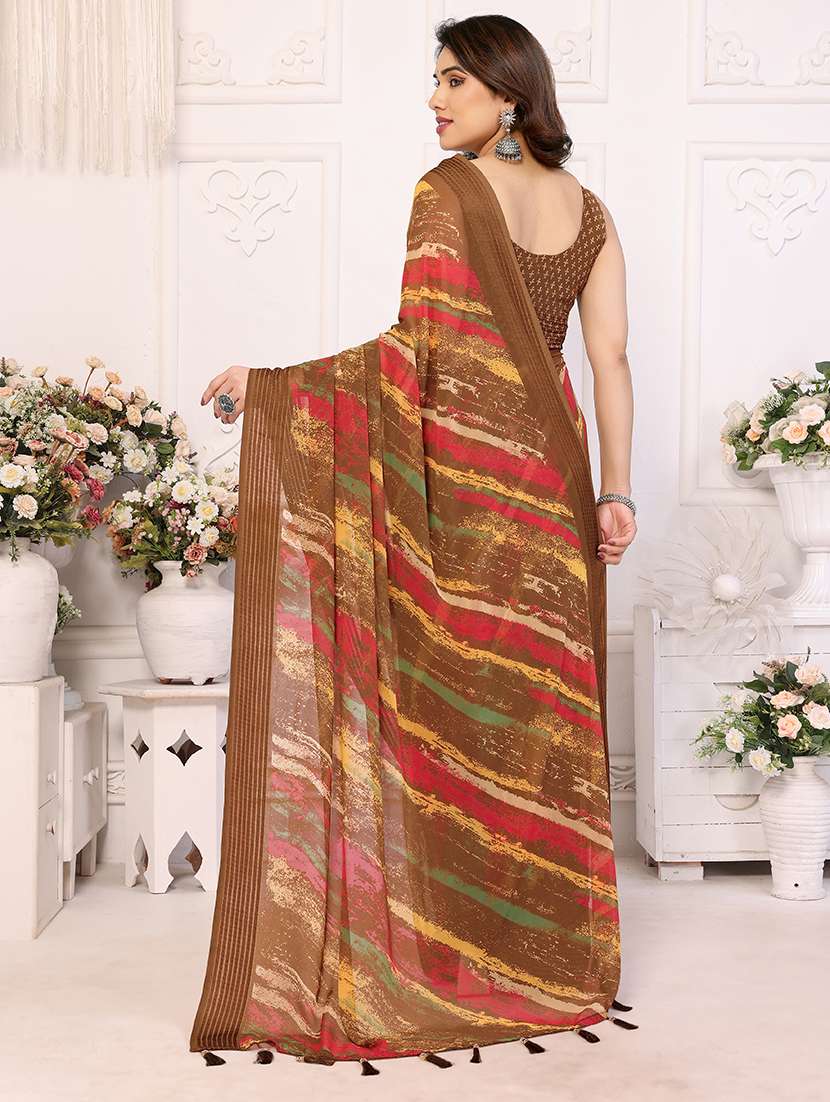 women brown printed saree with blouse - 21709474 -  Standard Image - 1