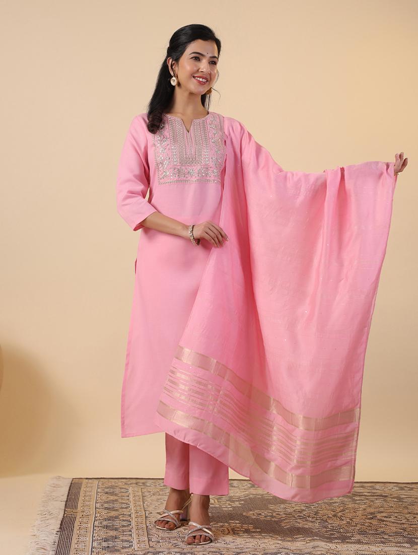 women three quarter sleeve kurta pant with dupatta set - 21709483 - Standard Image - 1