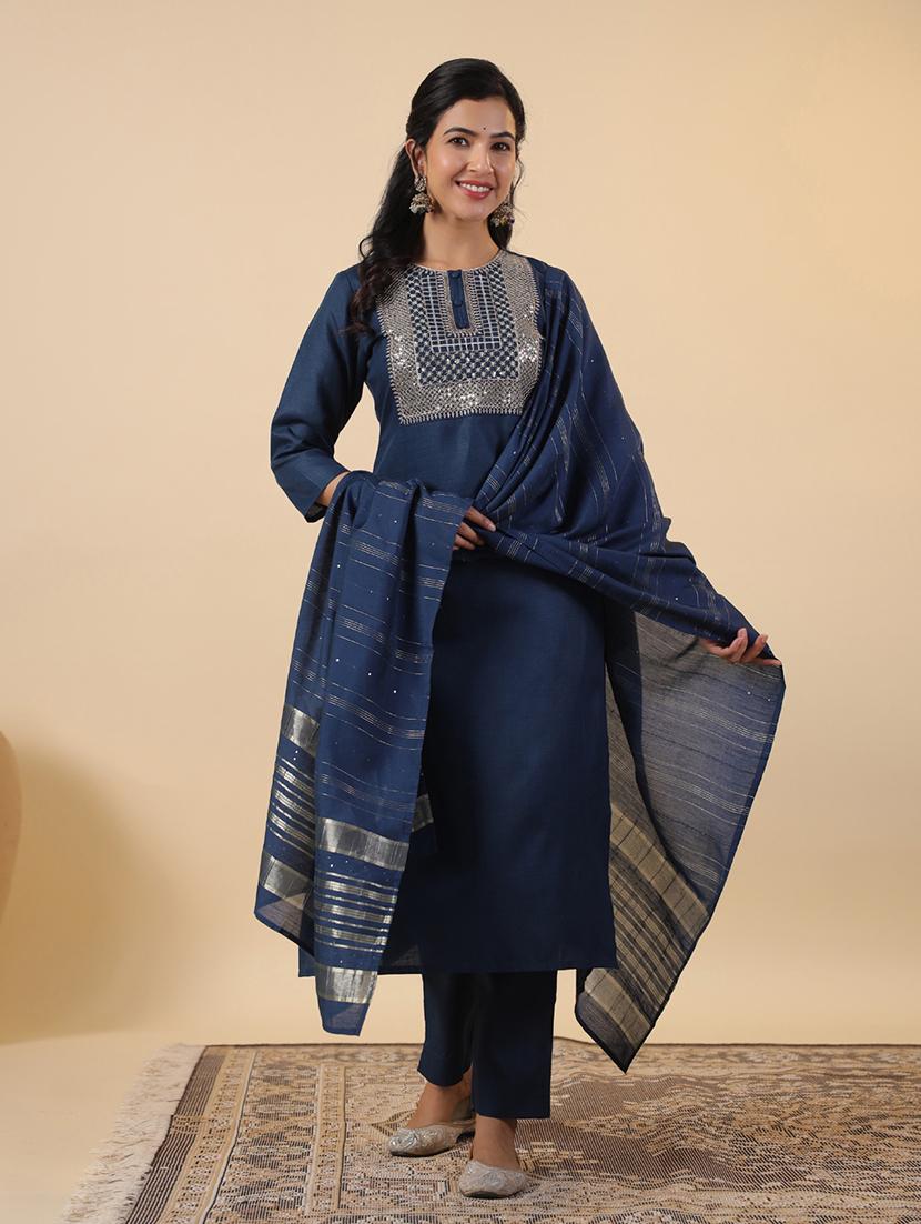 women three quarter sleeve kurta pant with dupatta set - 21709484 - Standard Image - 1