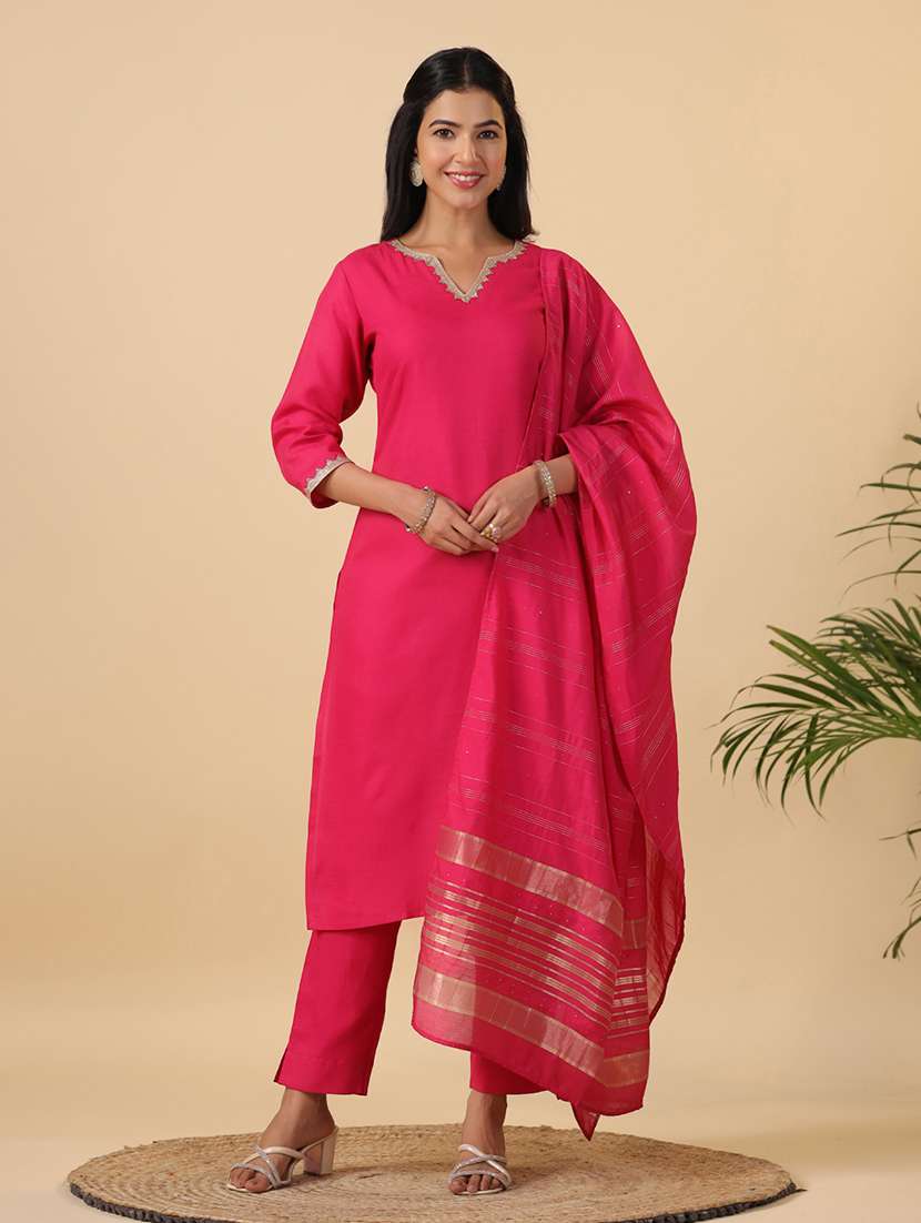 women three quarter sleeve kurta pant with dupatta set