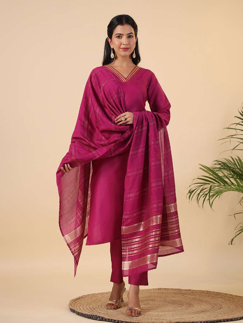 women three quarter sleeve kurta pant with dupatta set