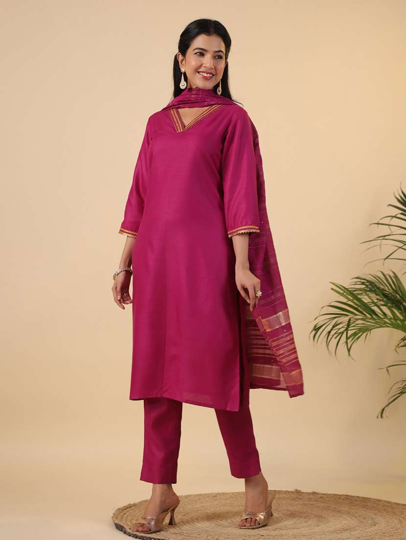 women three quarter sleeve kurta pant with dupatta set - 21709493 -  Standard Image - 1
