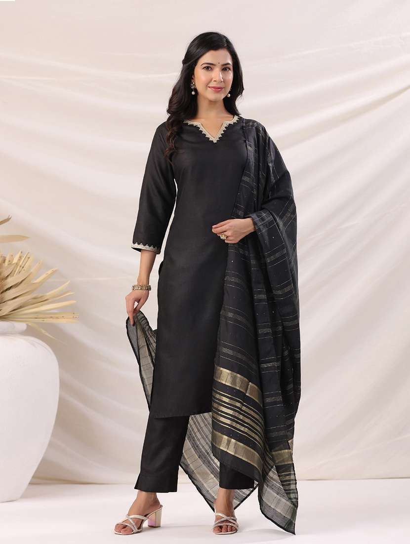 women three quarter sleeve kurta pant with dupatta set