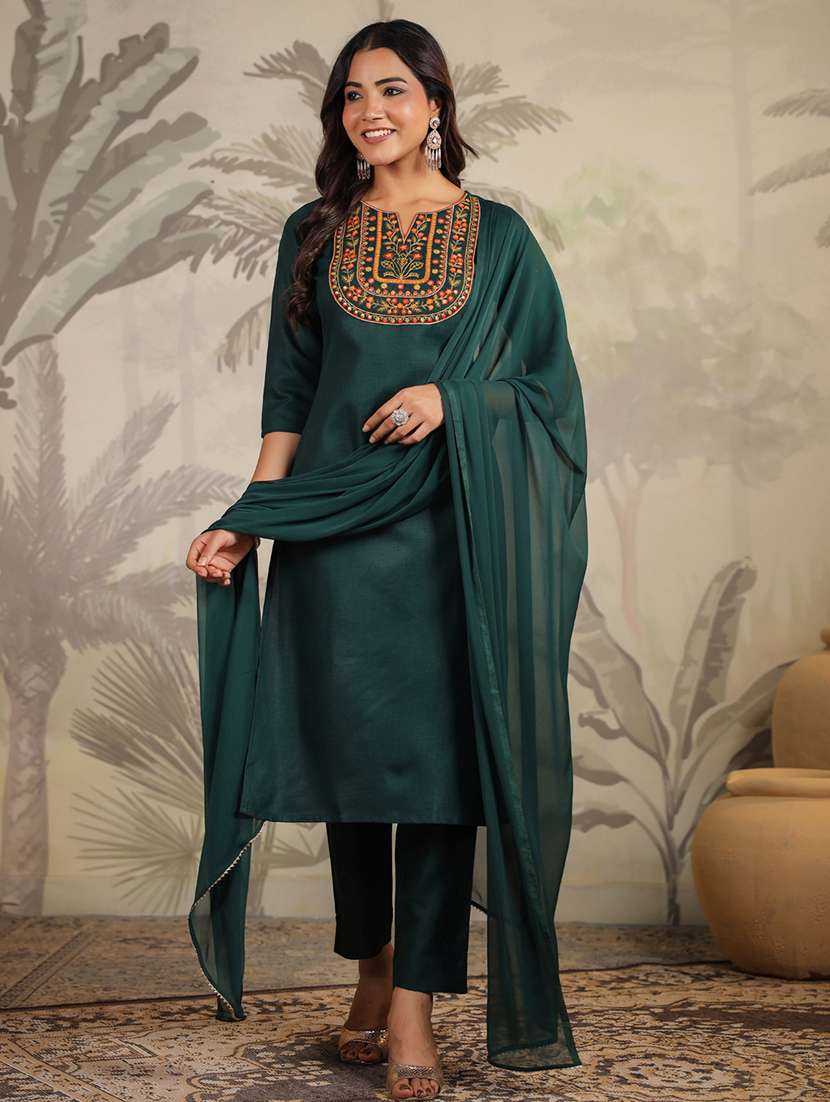 women three quarter sleeve kurta pant with dupatta set