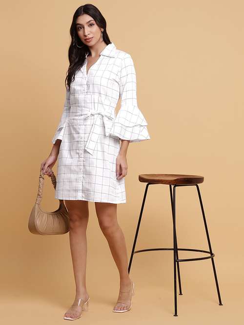 women checkered collared bell sleeves a-line dress - 21709530 -  Standard Image - 0