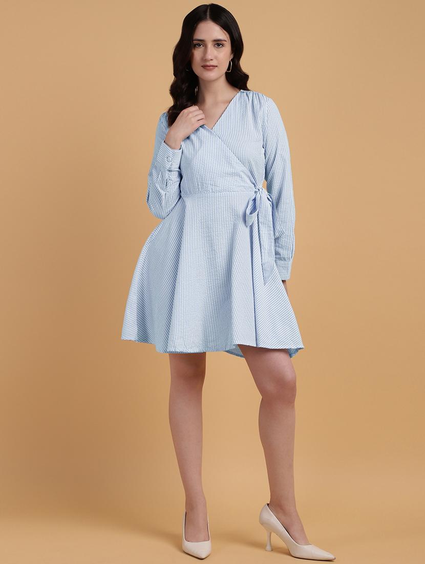 women striped cuffed sleeves fit & flare dress - 21709550 - Zoom Image - 0