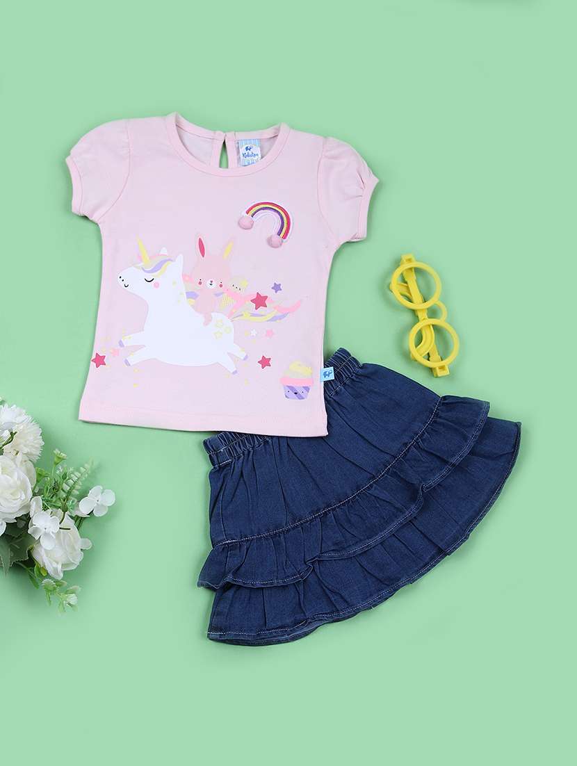 girls printed top and skirt set