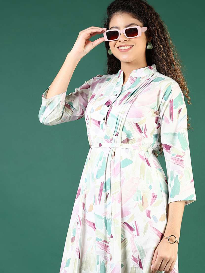 women printed mandarin neck a-line dress - 21709666 -  Zoom Image - 0