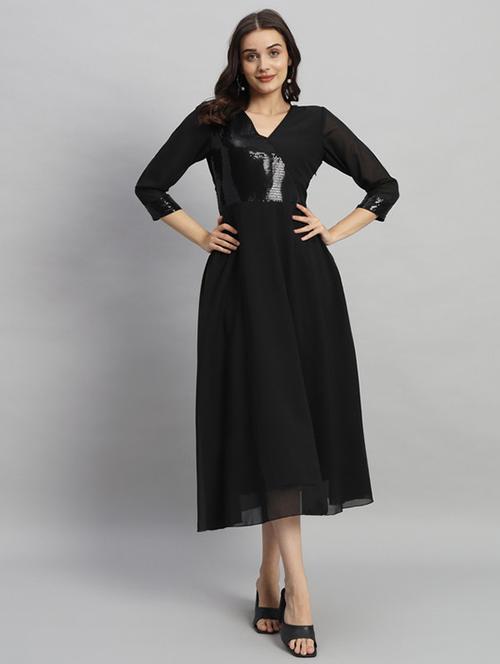 women sequined overlap neck fit & flared dress - 21709702 - Standard Image - 0