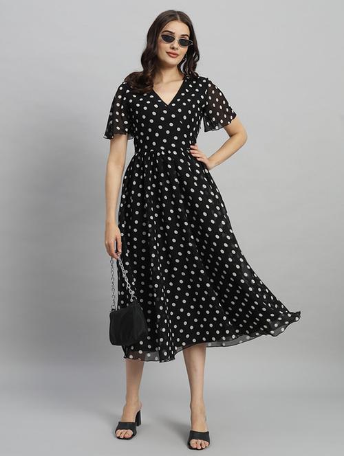 women polka doted puff sleeves fit & flaree dress - 21709718 - Standard Image - 0