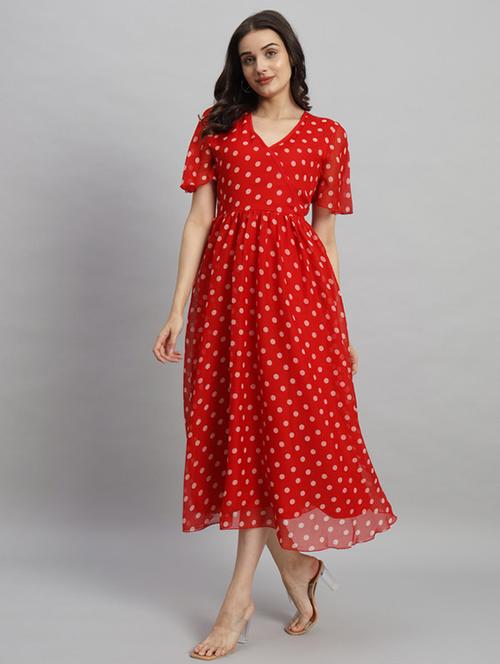 women polka doted puff sleeves fit & flare dress - 21709719 - Standard Image - 0