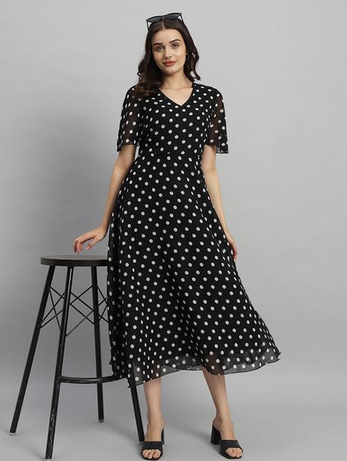 women polka doted puff sleeves a-line dress - 21709723 - Standard Image - 0