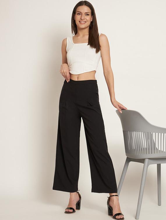 women solid high rise wide leg trouser - 21709755 - Standard Image - 4