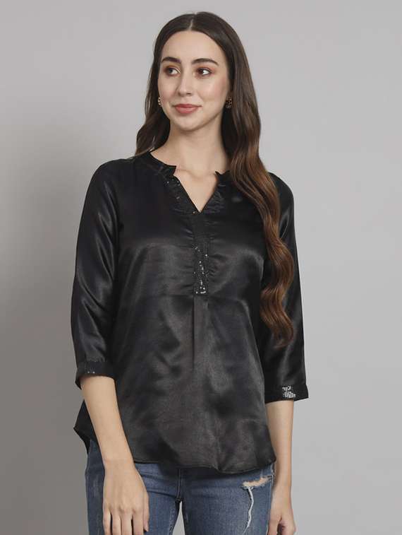 women solid mandarin neck regular top - 21709809 - Zoom Image - 0