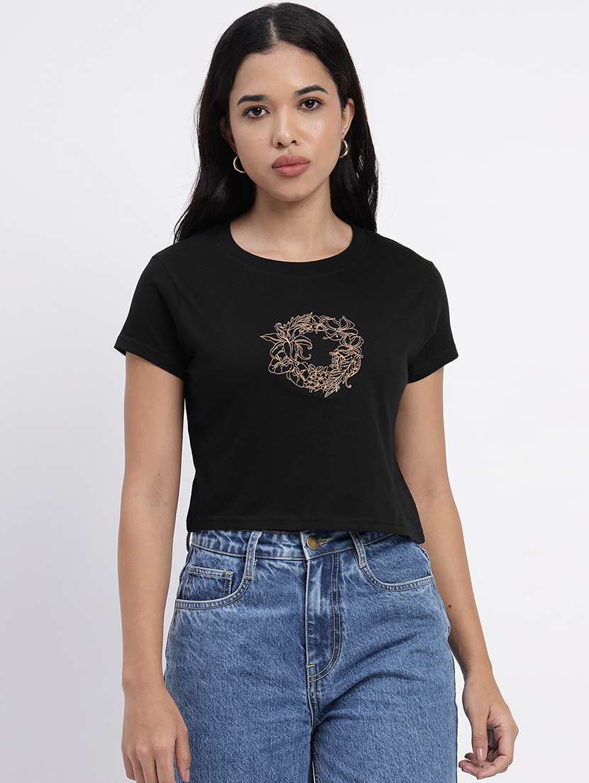 women printed short sleeves crop t-shirt