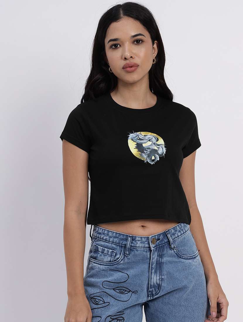 women printed short sleeves crop t-shirt