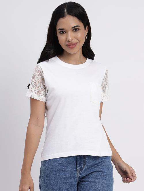 women solid laced short sleeves t-shirt - 21709832 - Standard Image - 0