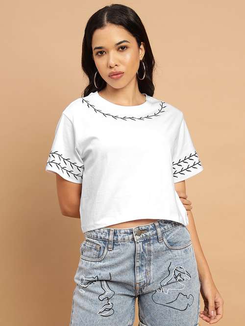 women embroidered short sleeves crop t-shirt - 21709846 - Standard Image - 0