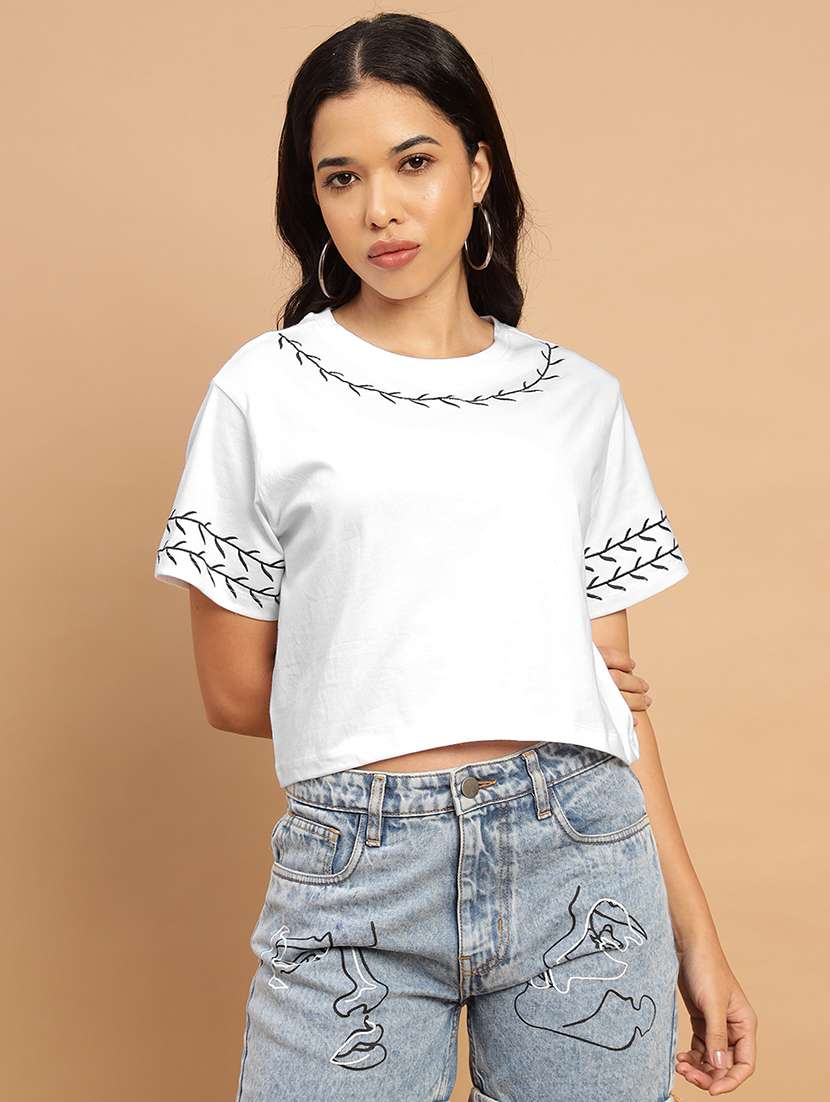 women embroidered short sleeves crop t-shirt - 21709846 - Zoom Image - 0