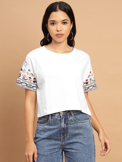 women embroidered short sleeves crop t-shirt - 21709848 - Standard Image - 0