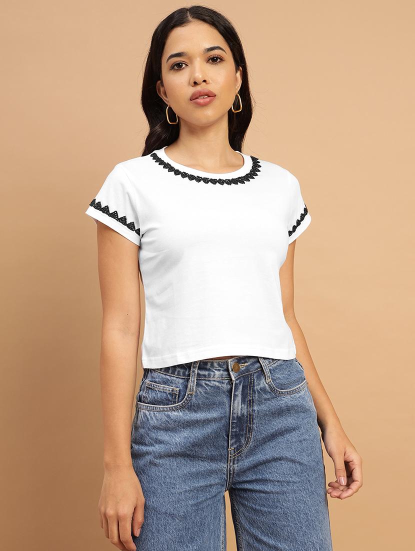 women embellished short sleeves crop t-shirt - 21709856 - Zoom Image - 0