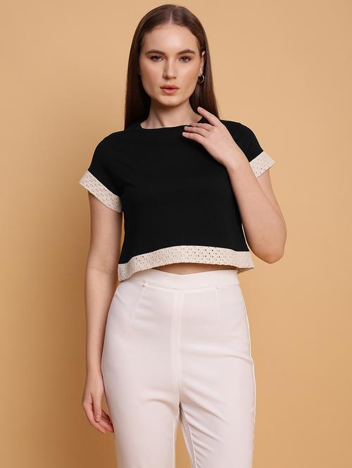 women solid short sleeves crop t-shirt - 21709864 - Standard Image - 0
