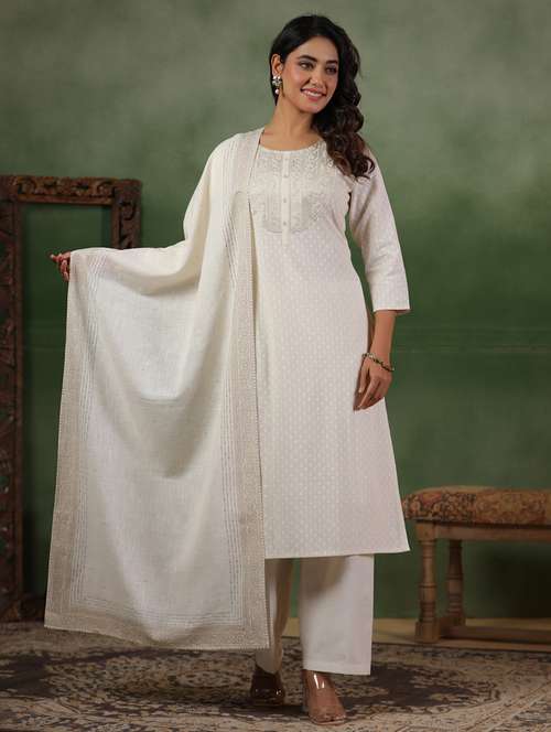 women three quarter sleeve kurta pant with dupatta set - 21710417 -  Standard Image - 0