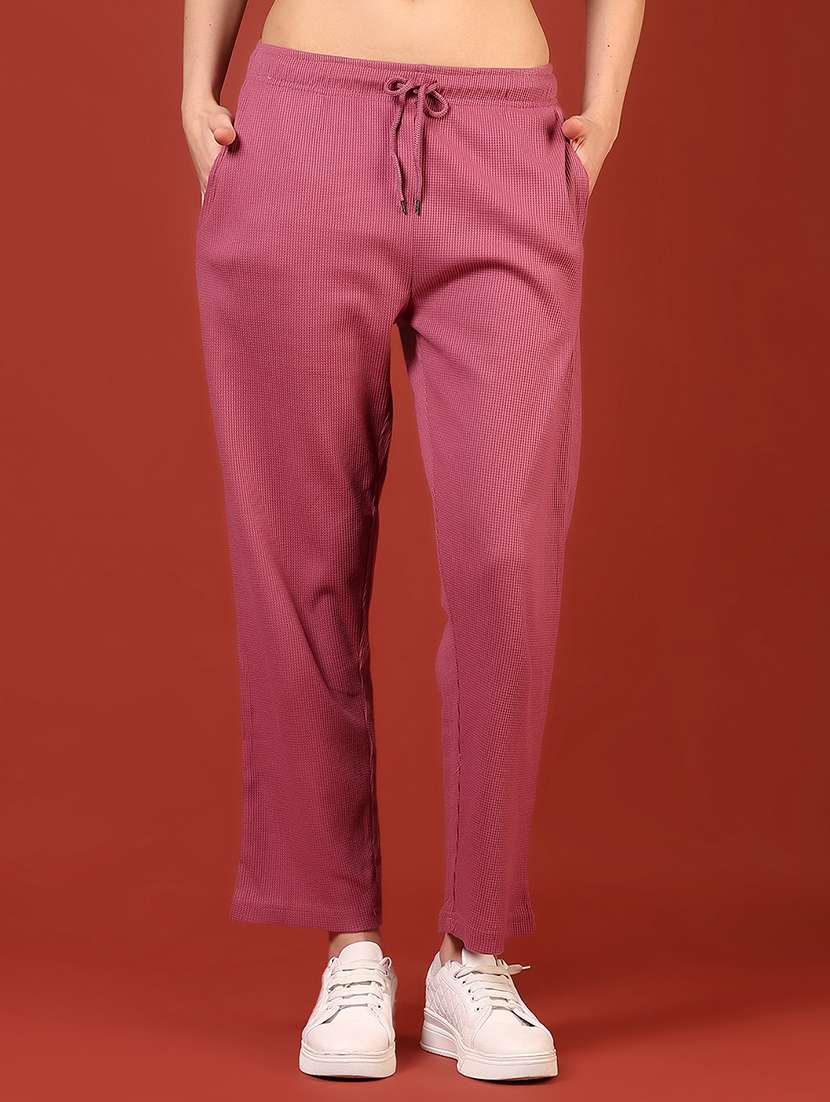 women pink solid mid rise track pant