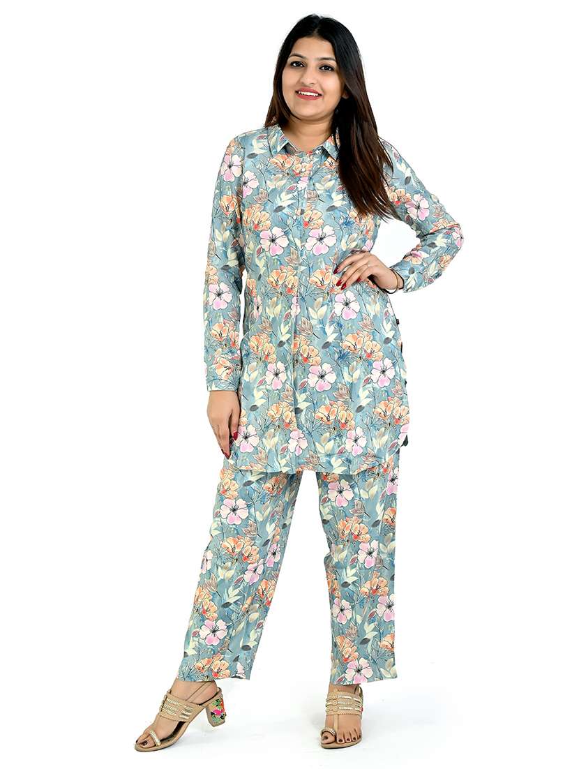women floral printed shirt collar neck co-ords set