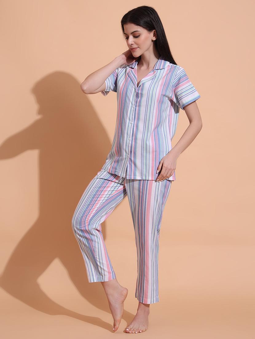 women striped nightwear pyjama set - 21711026 - Standard Image - 1