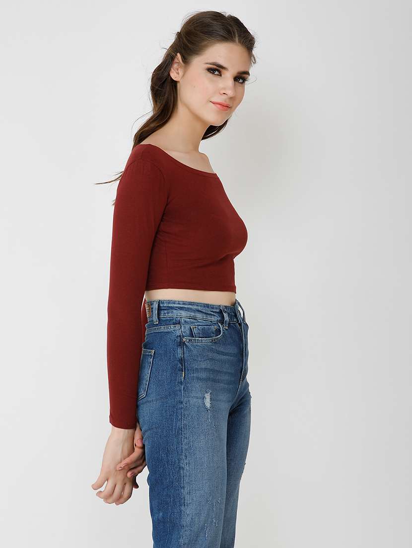 women solid long sleeves crop top - 21711117 -  Standard Image - 1