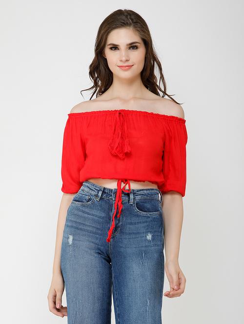 women solid off shoulder crop top - 21711118 - Standard Image - 0