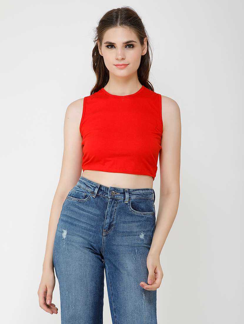 women solid sleeveless crop top