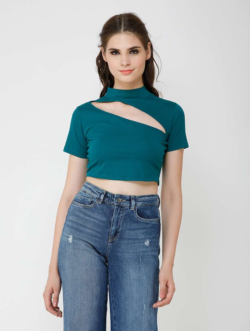 women solid cut out detailed short sleeves crop top