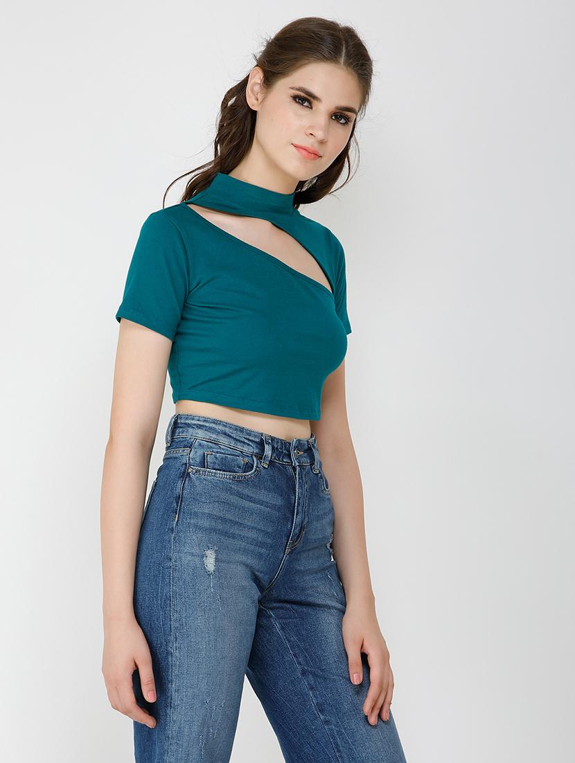 women solid cut out detailed short sleeves crop top - 21711128 - Standard Image - 1