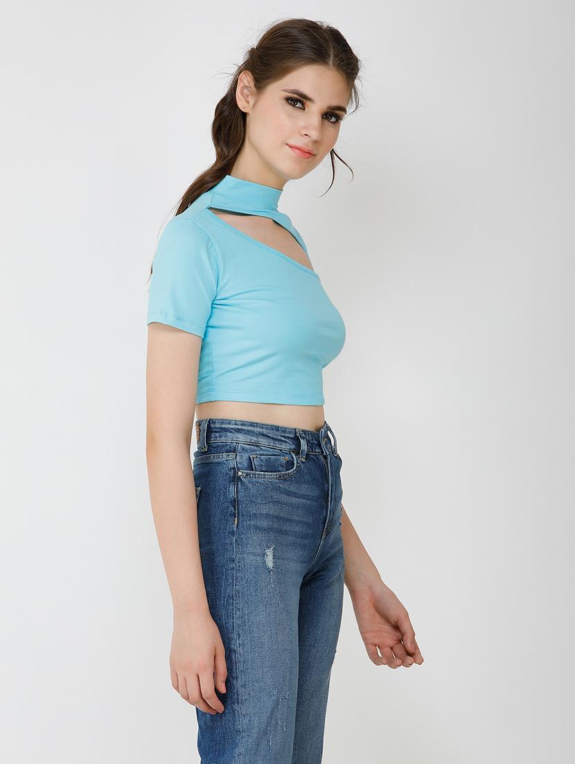 women solid cut out detailed short sleeves crop top - 21711129 -  Standard Image - 1