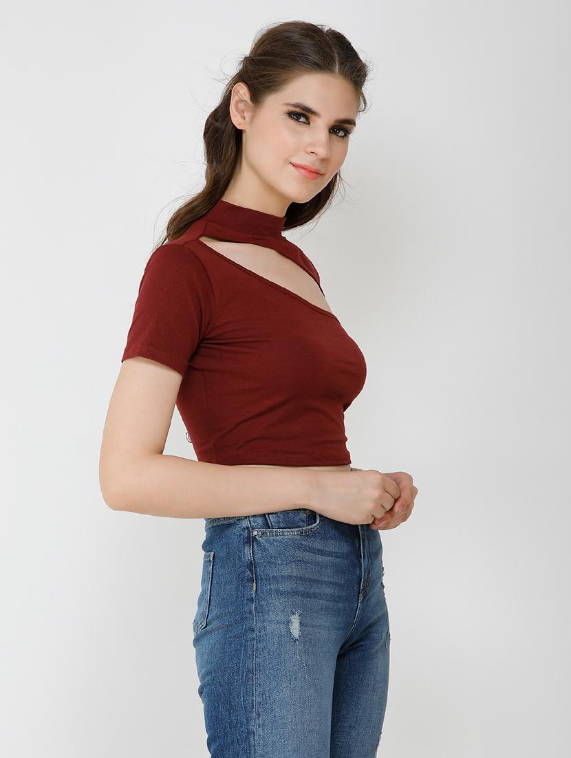 women solid cut out detailed short sleeves crop top - 21711131 - Standard Image - 1