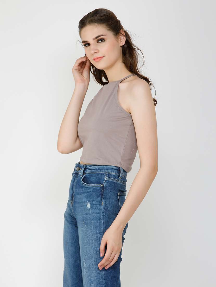 women solid halter neck sleeveless crop top - 21711134 -  Standard Image - 1