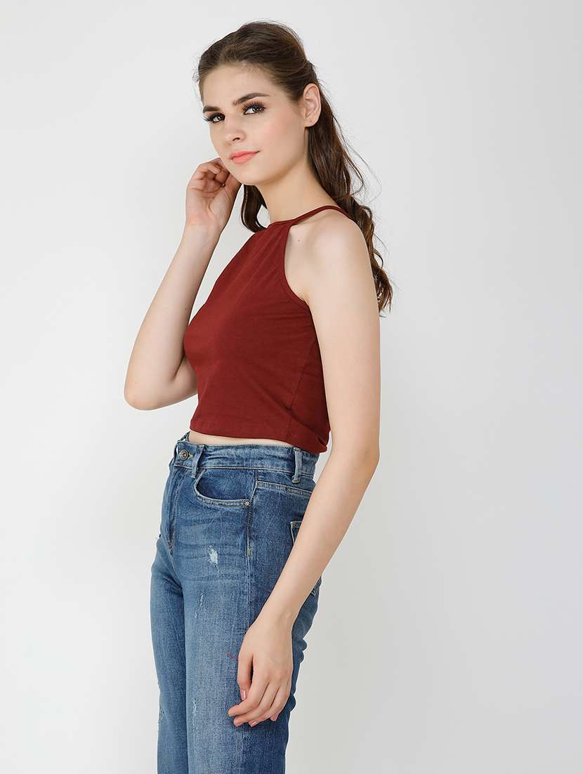 women solid halter neck sleeveless crop top - 21711135 -  Standard Image - 1