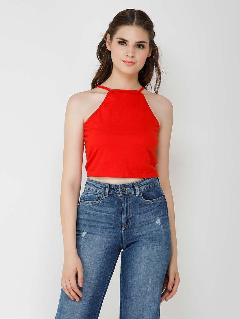 women solid sleeveless crop top