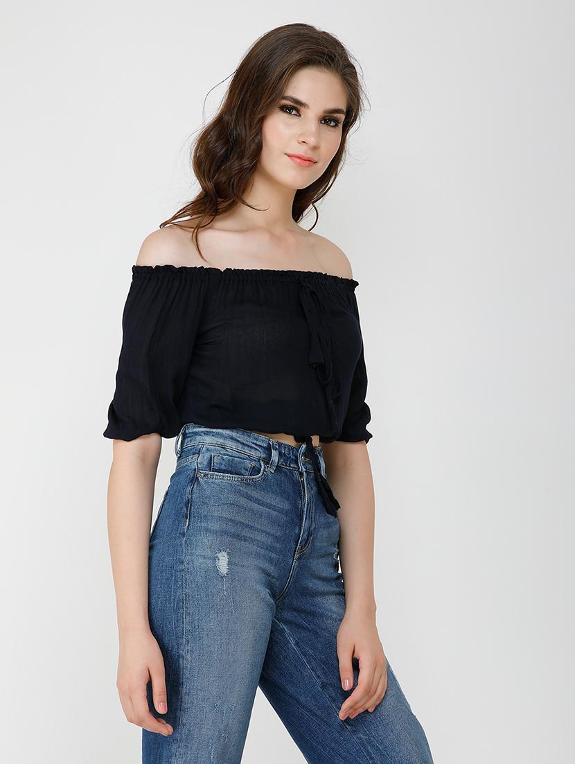 women solid off shoulder crop top - 21711207 -  Standard Image - 1