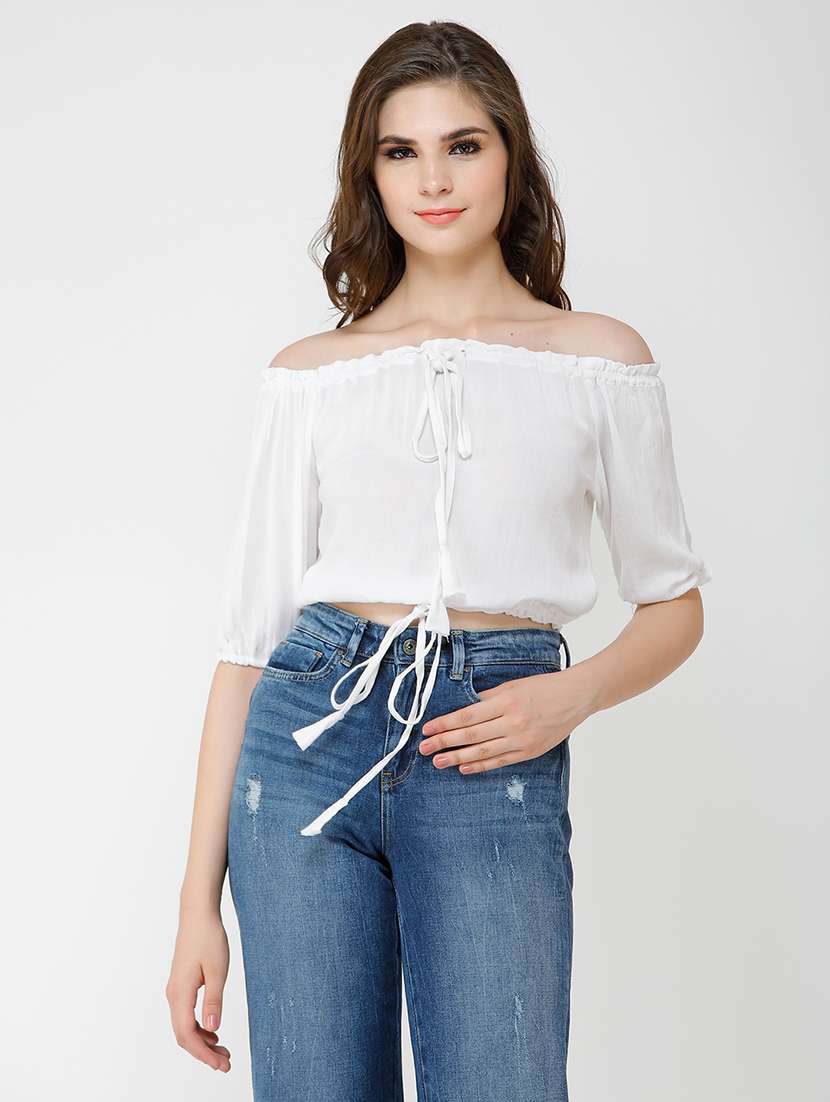 women solid off shoulder crop top