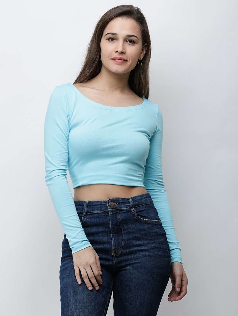 women solid long sleeves crop top