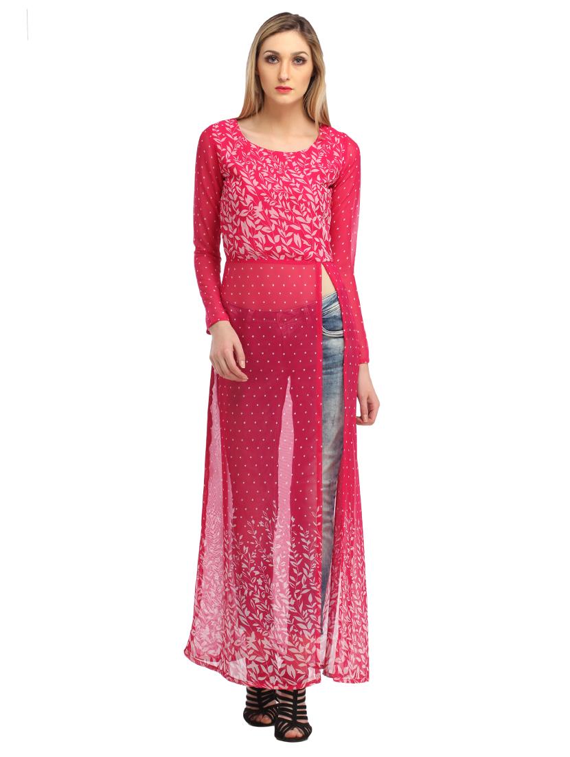 women pink printed front slit long tunic - 21711292 - Zoom Image - 0