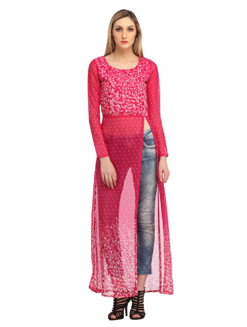 women pink printed front slit long tunic - 21711292 - Standard Image - 1