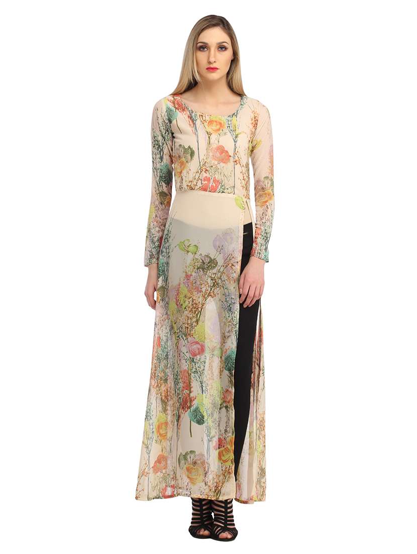 women cream floral printed front slit long tunic - 21711312 -  Standard Image - 1